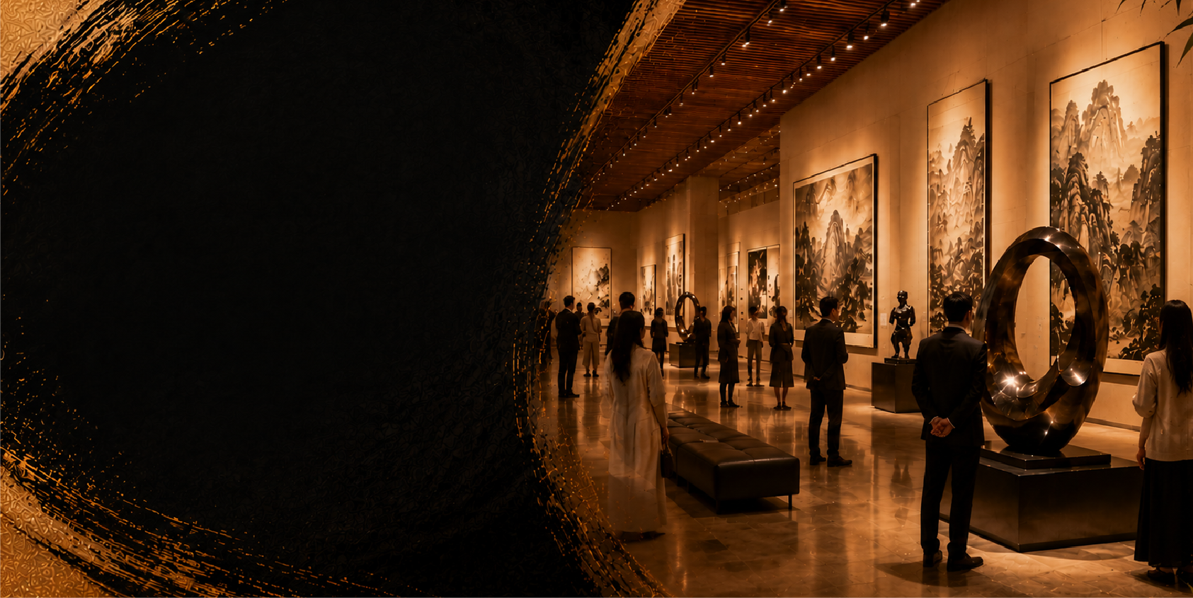 Gallery exhibition hall with ink-brush texture background